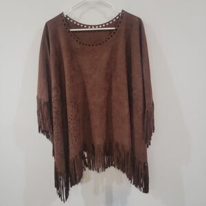 Cato Poncho Faux Suede Eyelet Fringe Western Brown Cowgirl‎ Indie